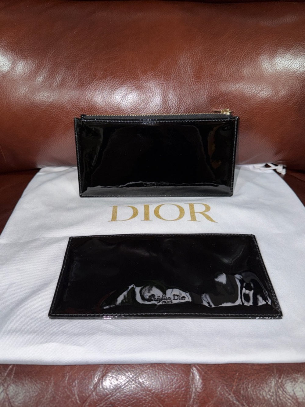 ‼️Authentic Christian Dior Black Patent Leather Zip Wallet Card Holder Pouch